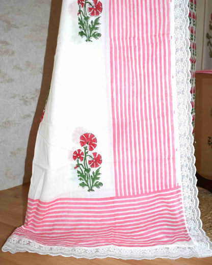 Pink Floral Buti Hand Block Printed Cotton Suit with Crochet Lace Work and Malmal Dupatta