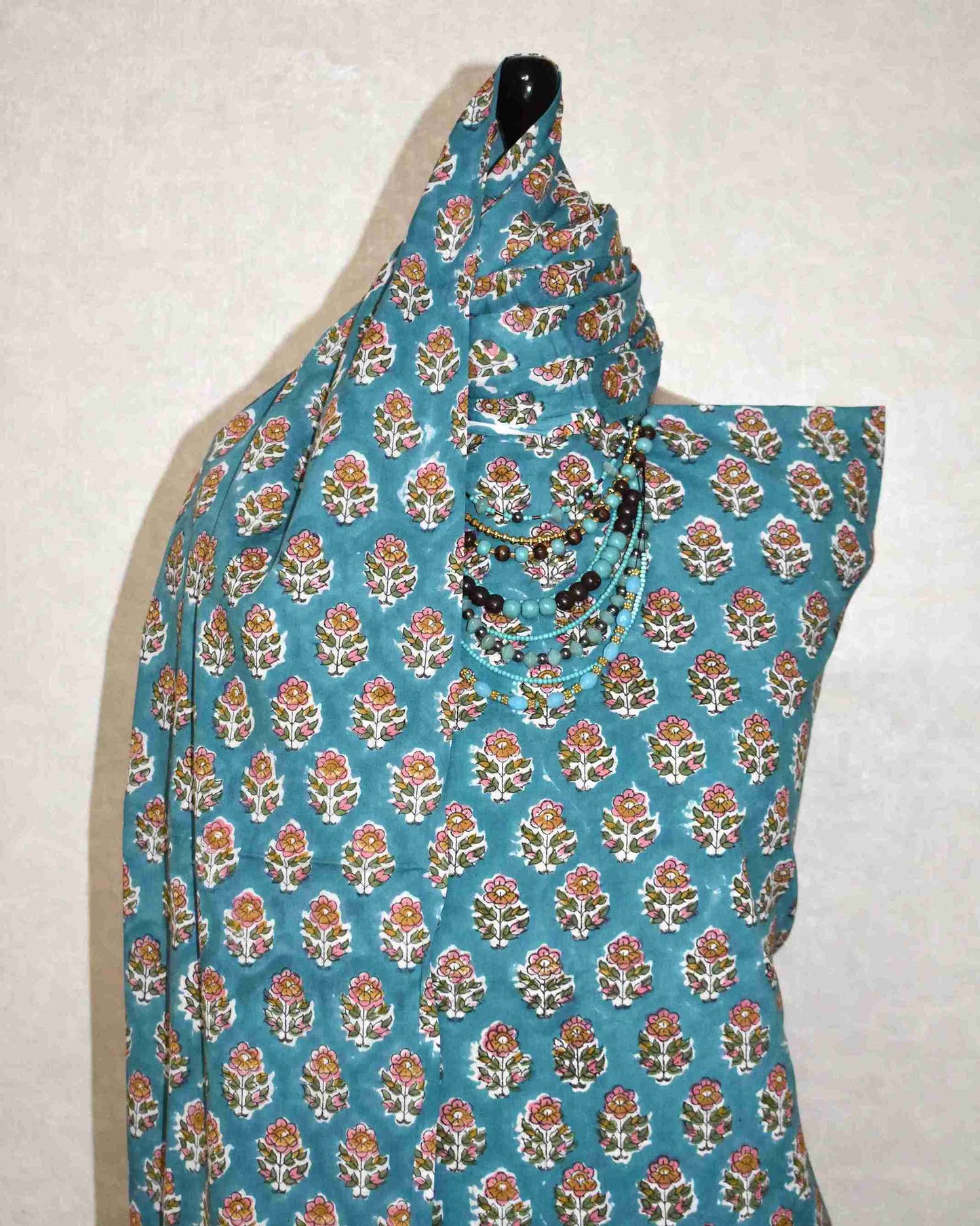 Blue Floral Buti Buti Hand Block Printed Cotton Suit with Malmal Dupatta