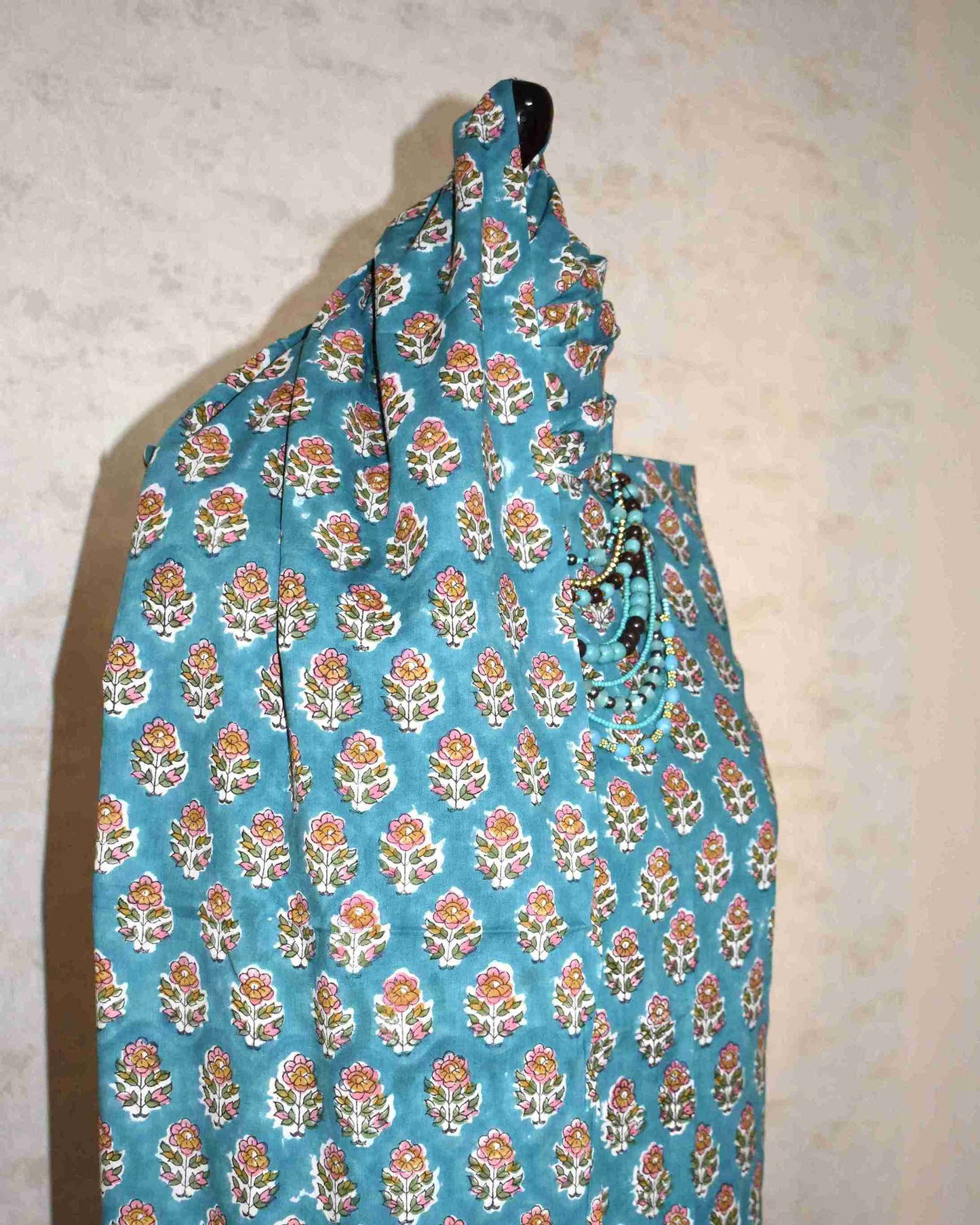 Blue Floral Buti Buti Hand Block Printed Cotton Suit with Malmal Dupatta