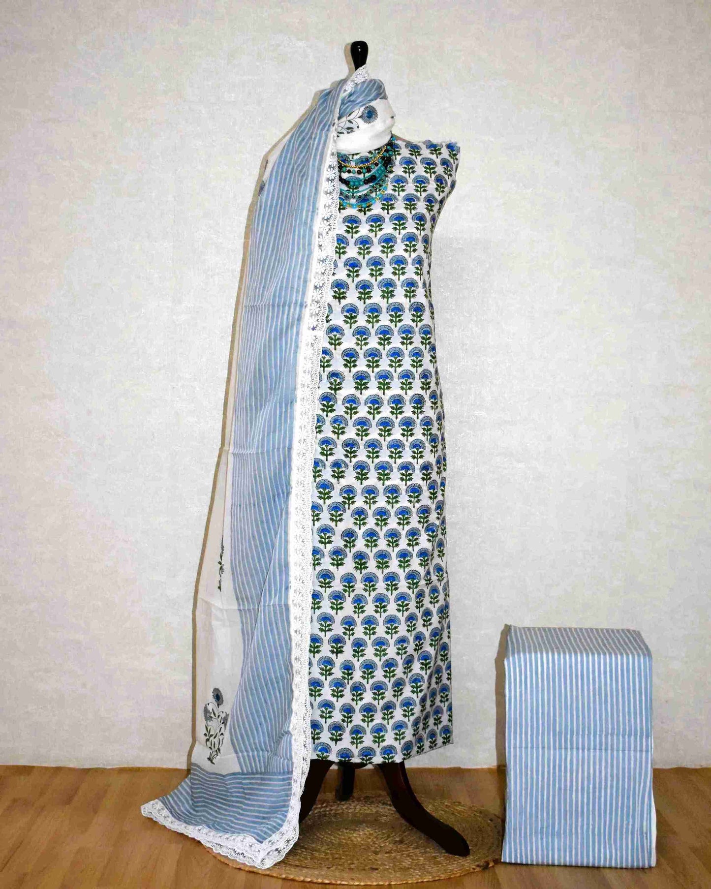 Blue Floral Buti Hand Block Printed Cotton Suit with Crochet Lace Work and Malmal Dupatta
