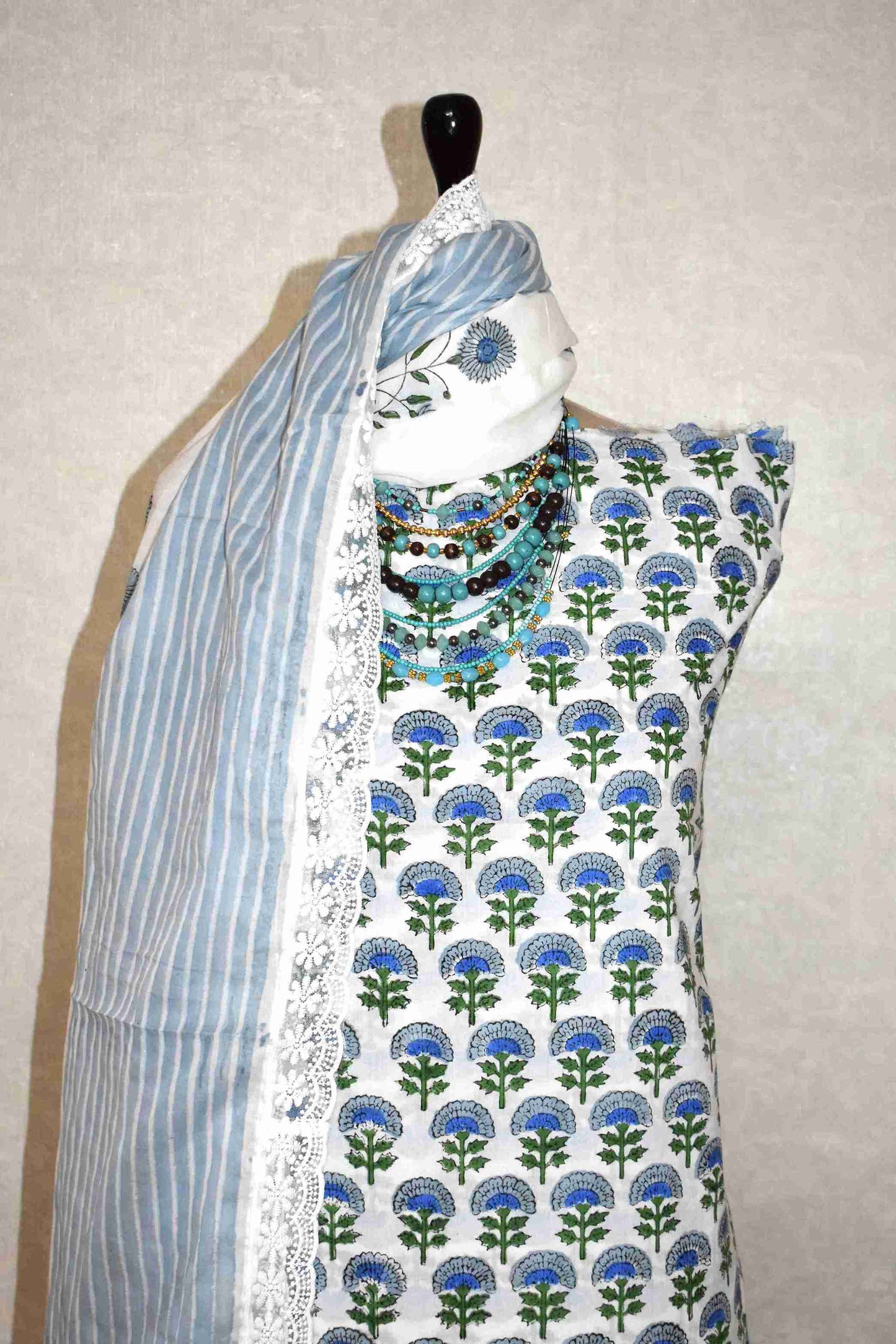 Blue Floral Buti Hand Block Printed Cotton Suit with Crochet Lace Work and Malmal Dupatta