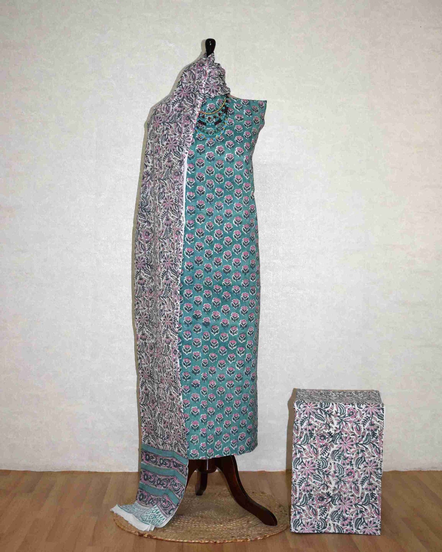 Blue Floral Buti Hand Block Printed Cotton Suit with Malmal Dupatta