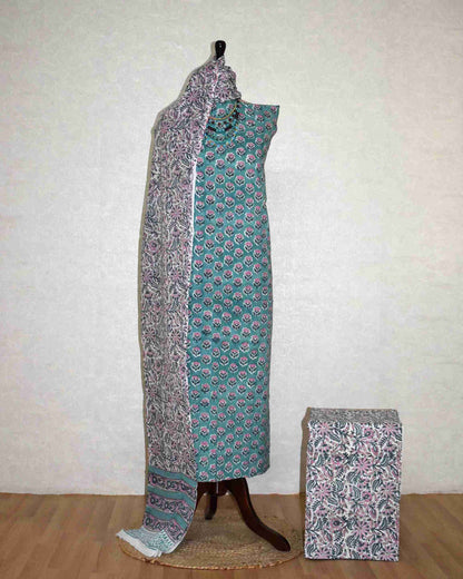 Blue Floral Buti Hand Block Printed Cotton Suit with Malmal Dupatta