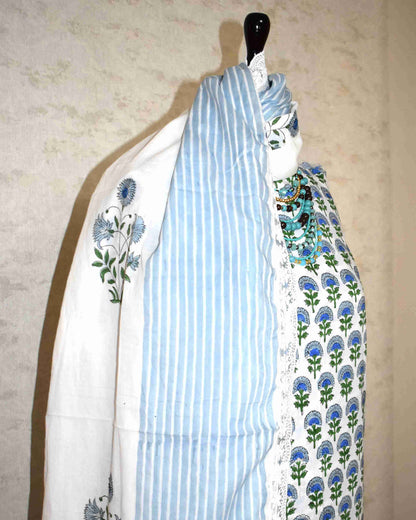 Blue Floral Buti Hand Block Printed Cotton Suit with Crochet Lace Work and Malmal Dupatta
