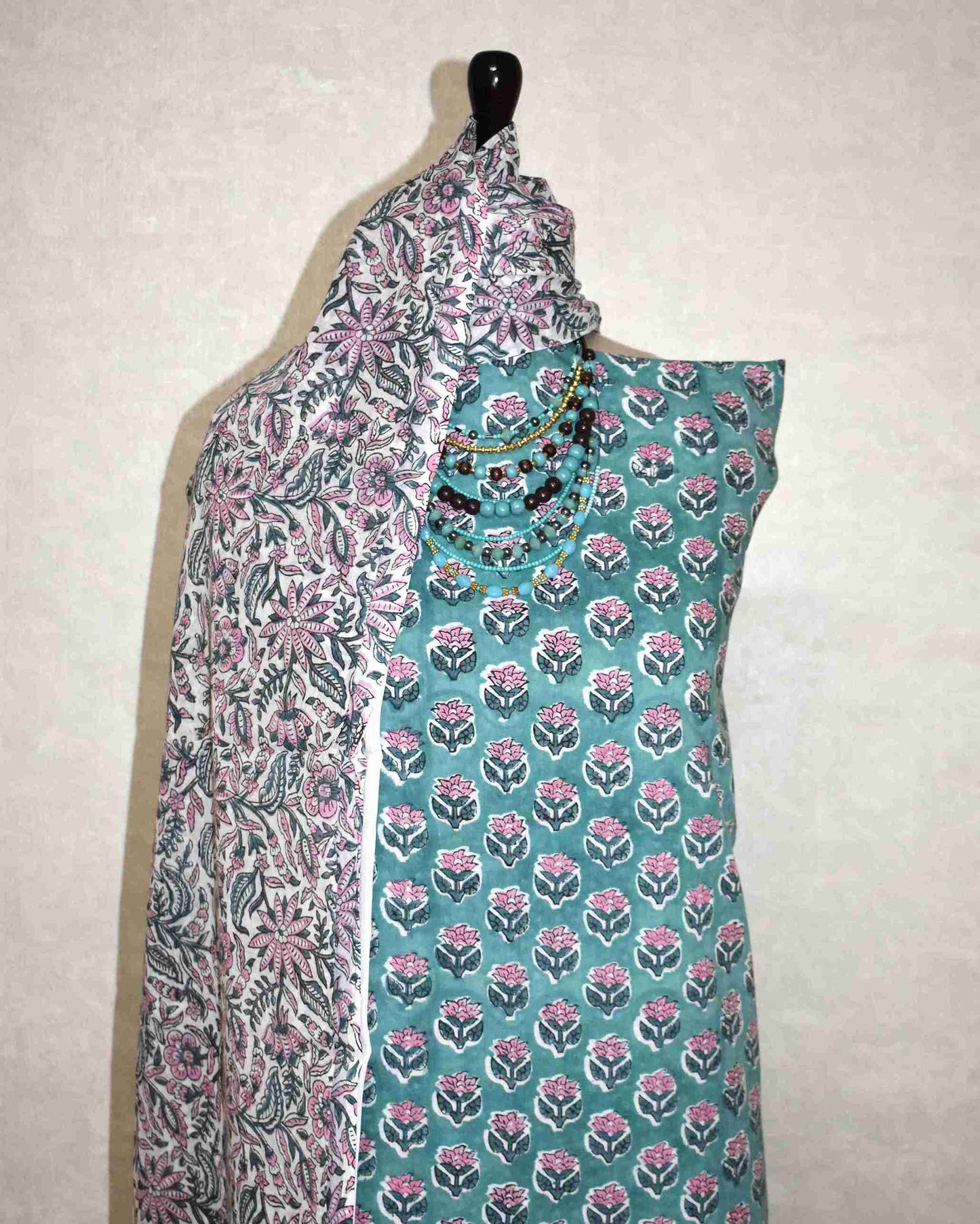 Blue Floral Buti Hand Block Printed Cotton Suit with Malmal Dupatta