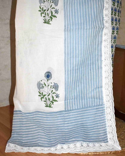 Blue Floral Buti Hand Block Printed Cotton Suit with Crochet Lace Work and Malmal Dupatta