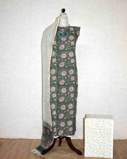 All over Floral Jaal Hand Block Printed Cotton Suit With Kota Doria Dupatta