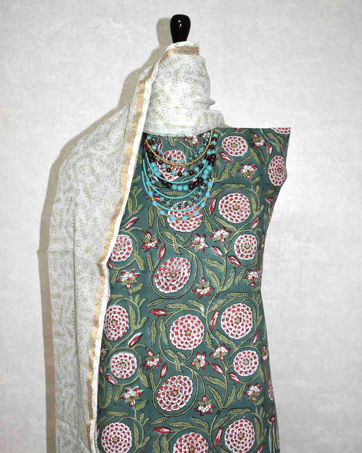 All over Floral Jaal Hand Block Printed Cotton Suit With Kota Doria Dupatta