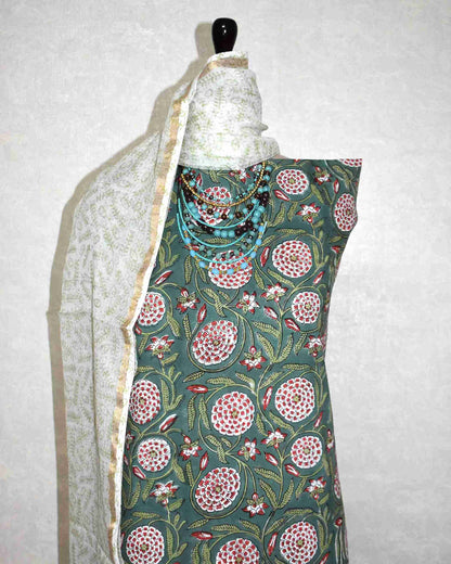 All over Floral Jaal Hand Block Printed Cotton Suit With Kota Doria Dupatta