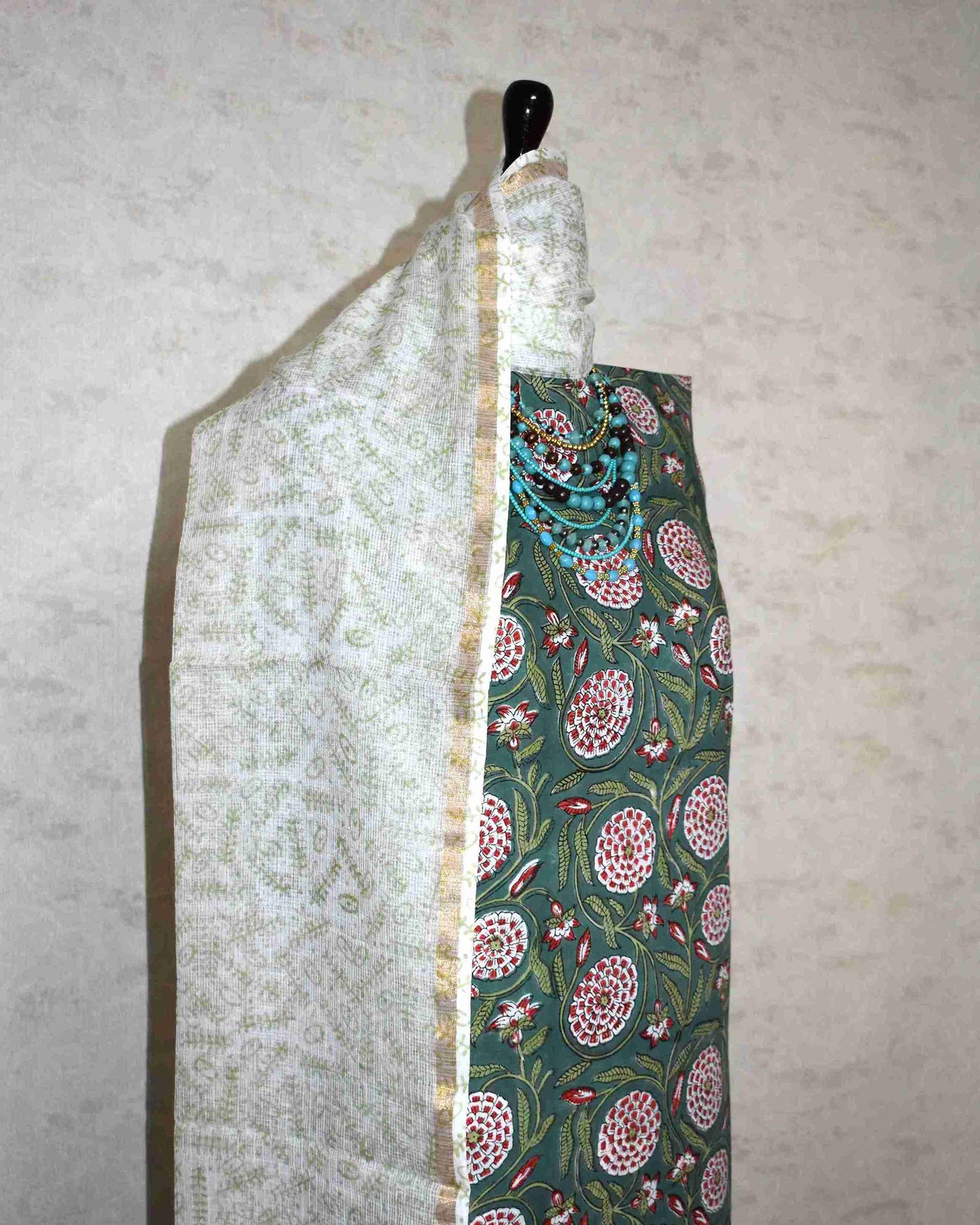 All over Floral Jaal Hand Block Printed Cotton Suit With Kota Doria Dupatta