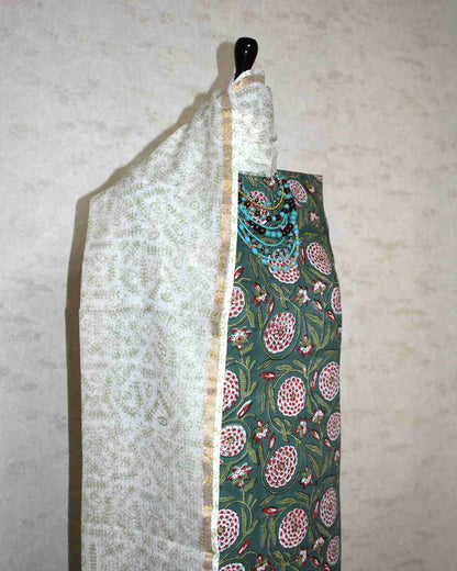 All over Floral Jaal Hand Block Printed Cotton Suit With Kota Doria Dupatta