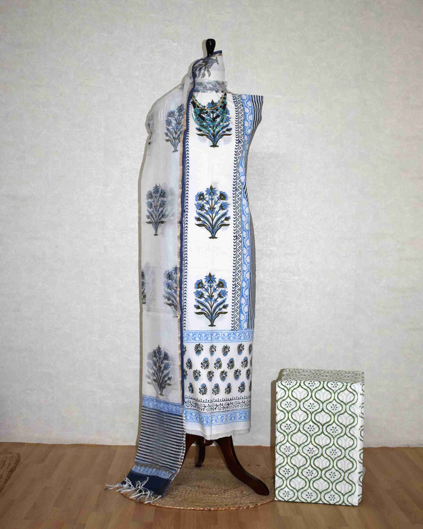 Blue Mughal Floral Placement Hand Block Printed Cotton Suit With Kota Doria Dupatta