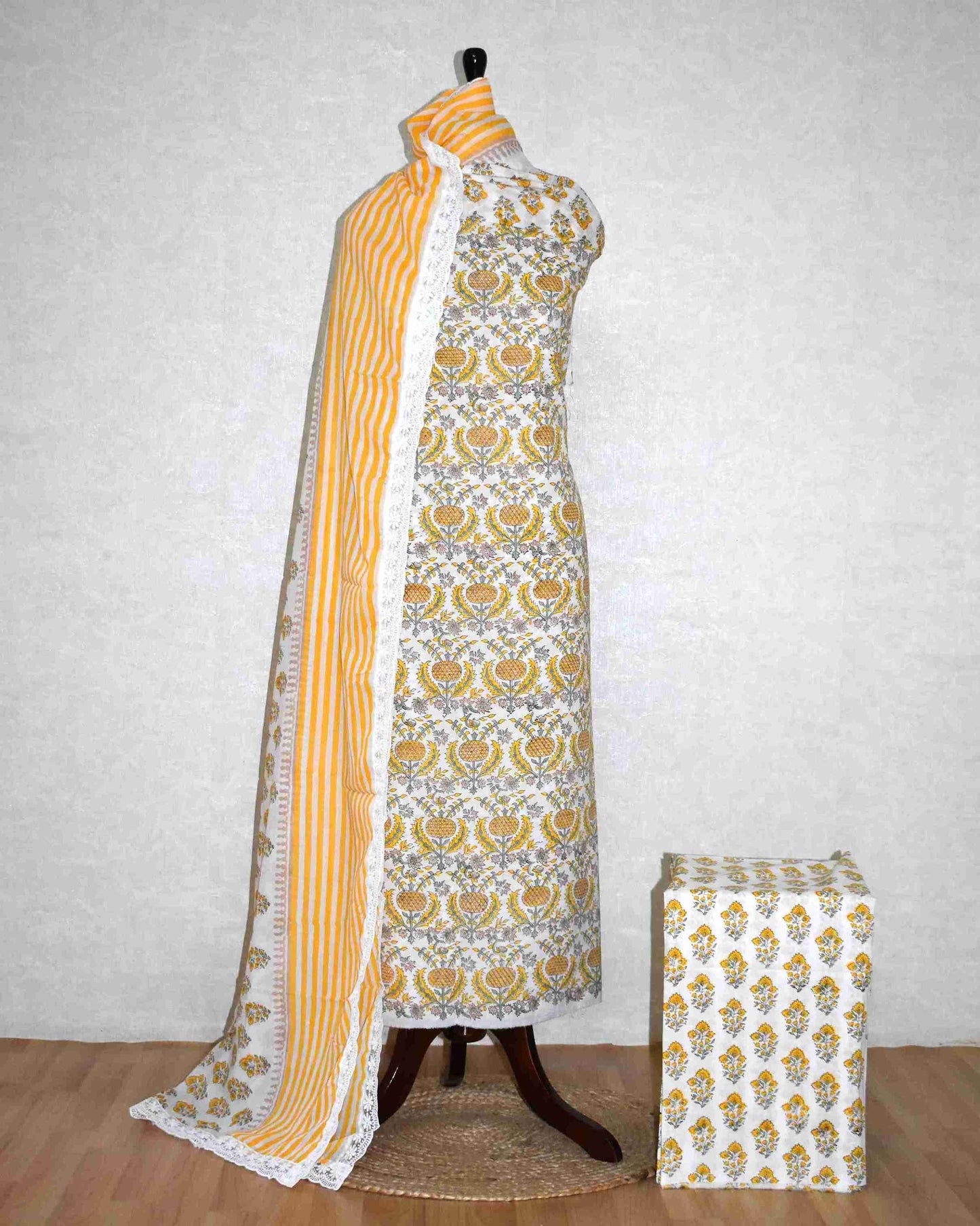 Yellow floral Ogee Hand Block Printed Cotton Suit with Crochet Lace Work and Malmal Dupatta