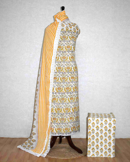 Yellow floral Ogee Hand Block Printed Cotton Suit with Crochet Lace Work and Malmal Dupatta