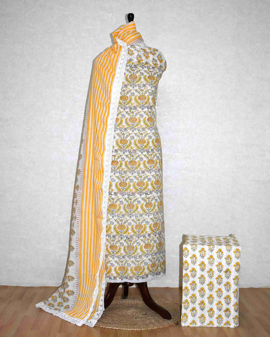 Yellow floral Ogee Hand Block Printed Cotton Suit with Crochet Lace Work and Malmal Dupatta