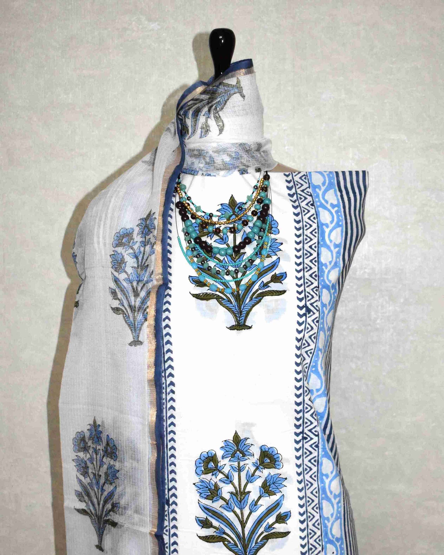 Blue Mughal Floral Placement Hand Block Printed Cotton Suit With Kota Doria Dupatta
