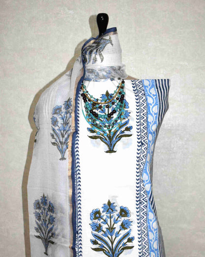 Blue Mughal Floral Placement Hand Block Printed Cotton Suit With Kota Doria Dupatta