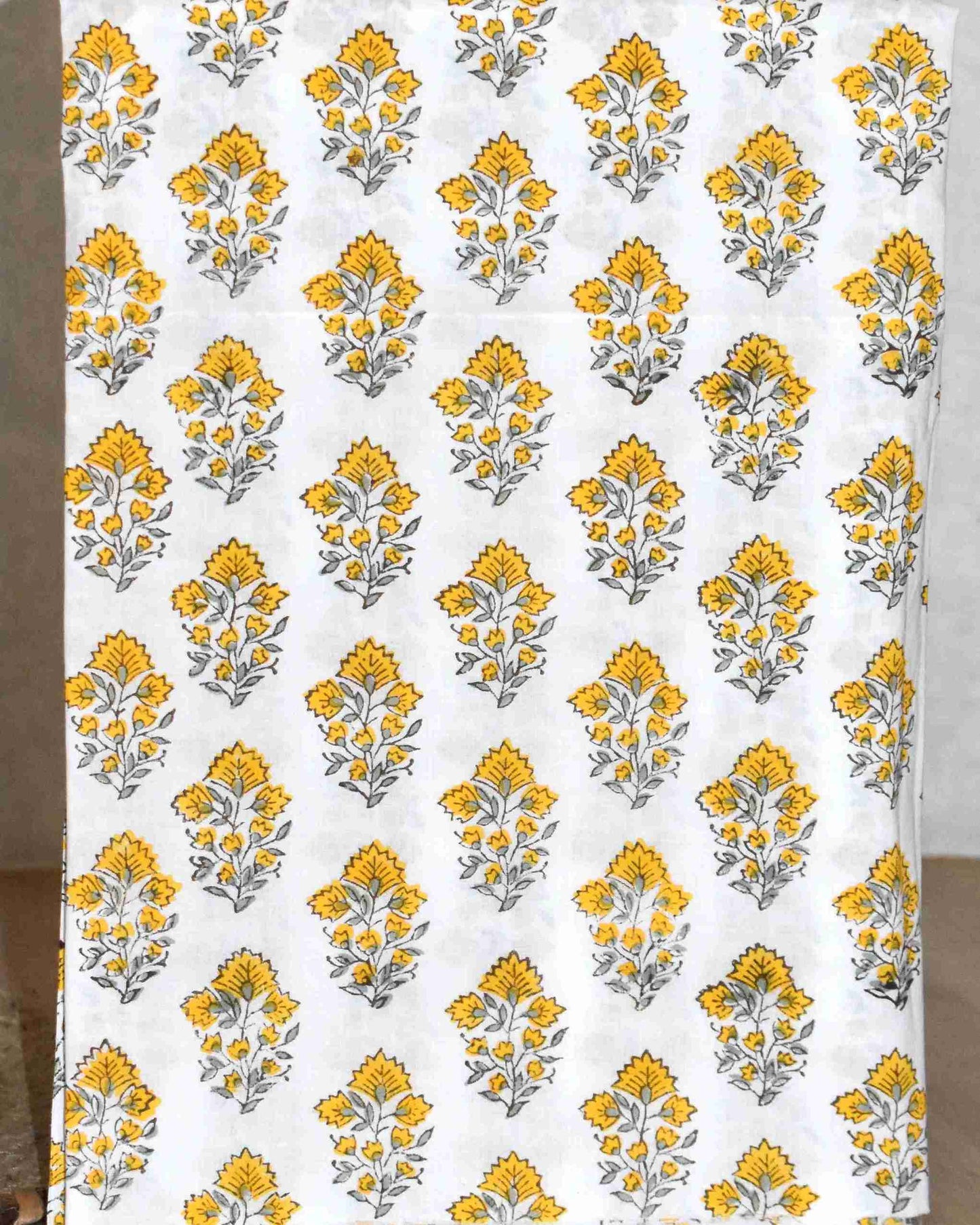 Yellow floral Ogee Hand Block Printed Cotton Suit with Crochet Lace Work and Malmal Dupatta