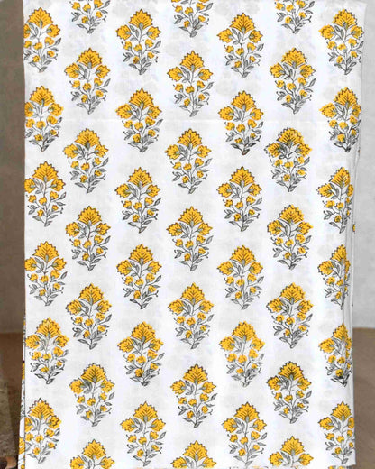 Yellow floral Ogee Hand Block Printed Cotton Suit with Crochet Lace Work and Malmal Dupatta