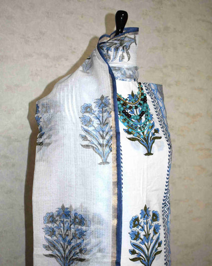 Blue Mughal Floral Placement Hand Block Printed Cotton Suit With Kota Doria Dupatta