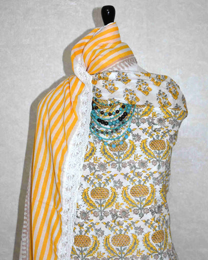 Yellow floral Ogee Hand Block Printed Cotton Suit with Crochet Lace Work and Malmal Dupatta