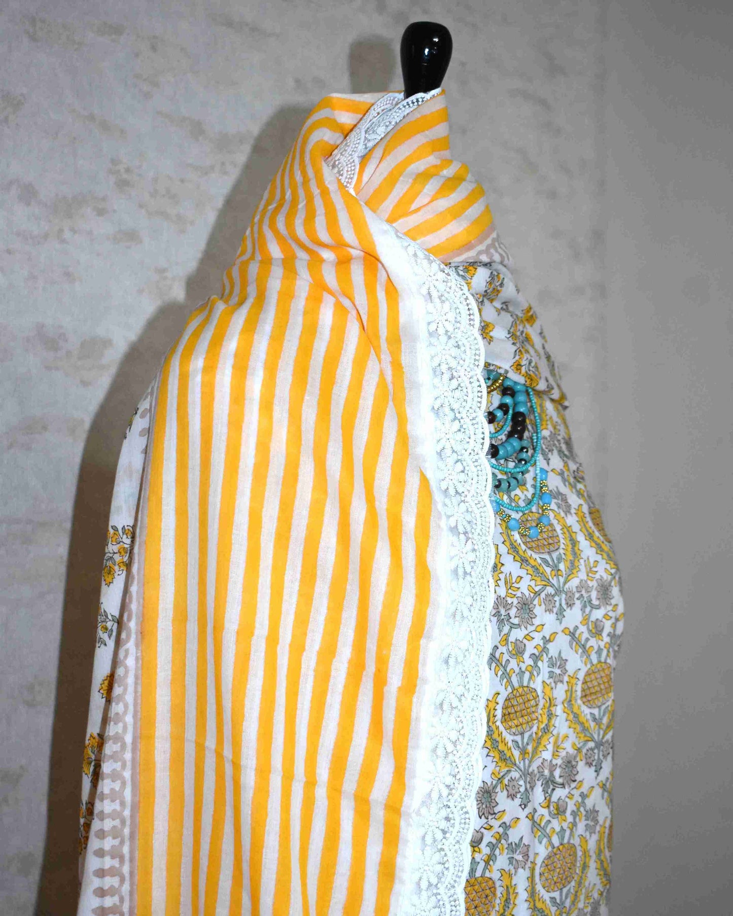 Yellow floral Ogee Hand Block Printed Cotton Suit with Crochet Lace Work and Malmal Dupatta