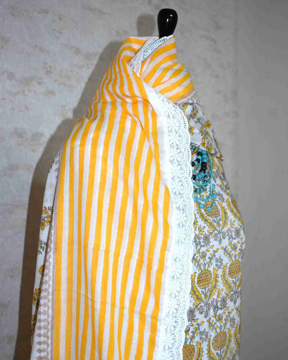 Yellow floral Ogee Hand Block Printed Cotton Suit with Crochet Lace Work and Malmal Dupatta