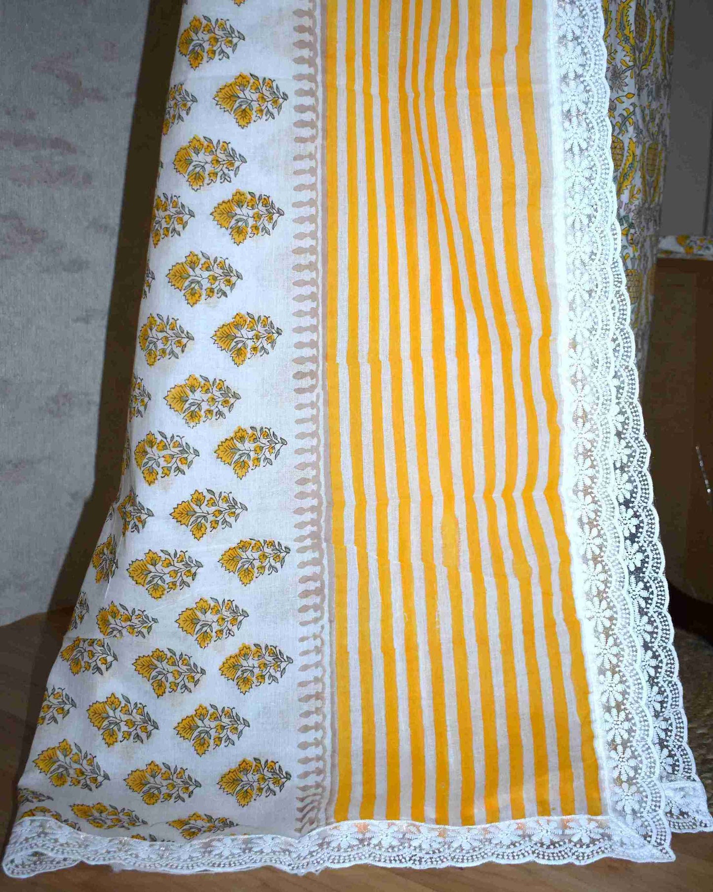 Yellow floral Ogee Hand Block Printed Cotton Suit with Crochet Lace Work and Malmal Dupatta