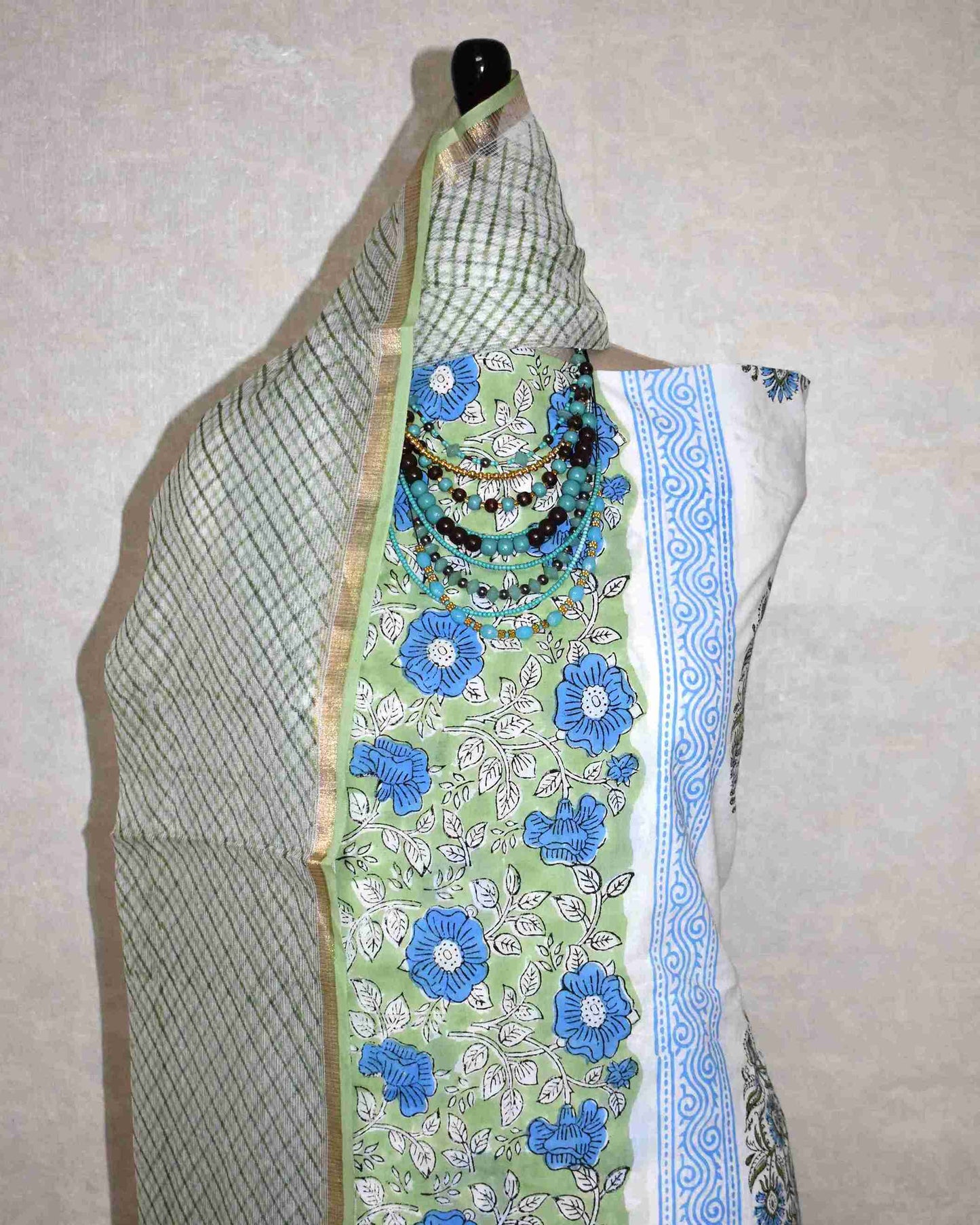 Mughal Floral Placement Hand Block Printed Cotton Suit With Kota Doria Dupatta