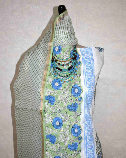 Mughal Floral Placement Hand Block Printed Cotton Suit With Kota Doria Dupatta
