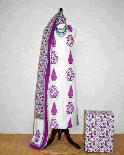 Magenta Pink Floral Jaipuri Printed Unstitched Cotton Suit Set with malmal dupatta