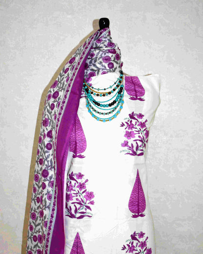 Magenta Pink Floral Jaipuri Printed Unstitched Cotton Suit Set with malmal dupatta