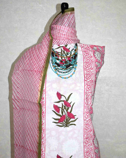 Pink Mughal Floral Placement Hand Block Printed Cotton Suit With Kota Doria Dupatta