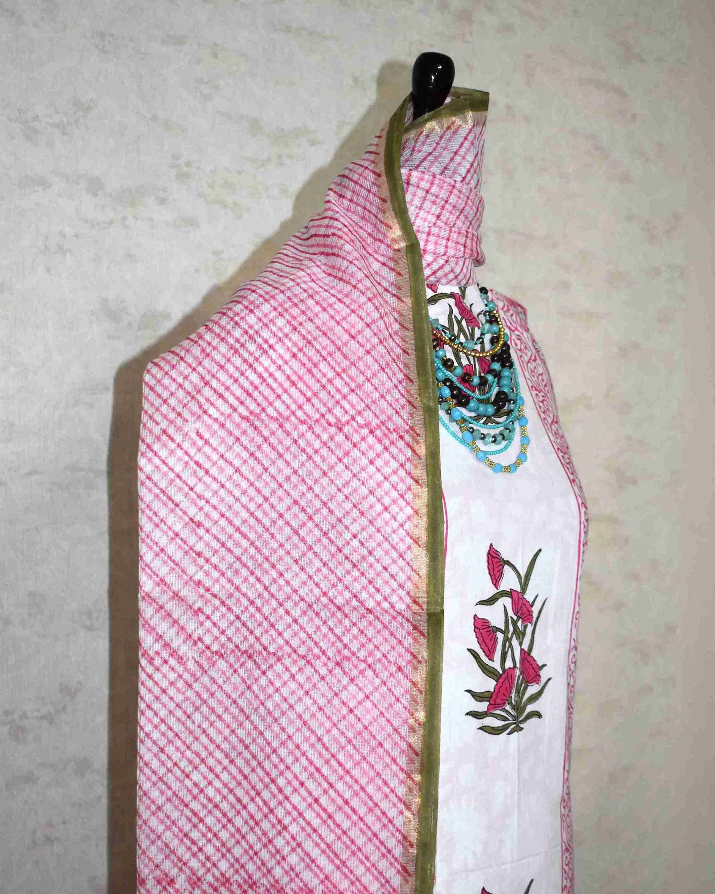 Pink Mughal Floral Placement Hand Block Printed Cotton Suit With Kota Doria Dupatta