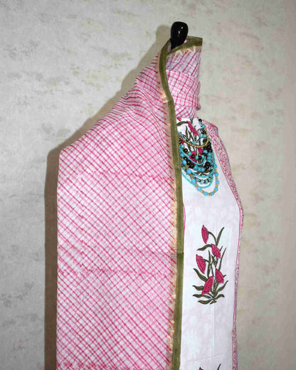 Pink Mughal Floral Placement Hand Block Printed Cotton Suit With Kota Doria Dupatta
