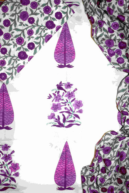Magenta Pink Floral Jaipuri Printed Unstitched Cotton Suit Set with malmal dupatta