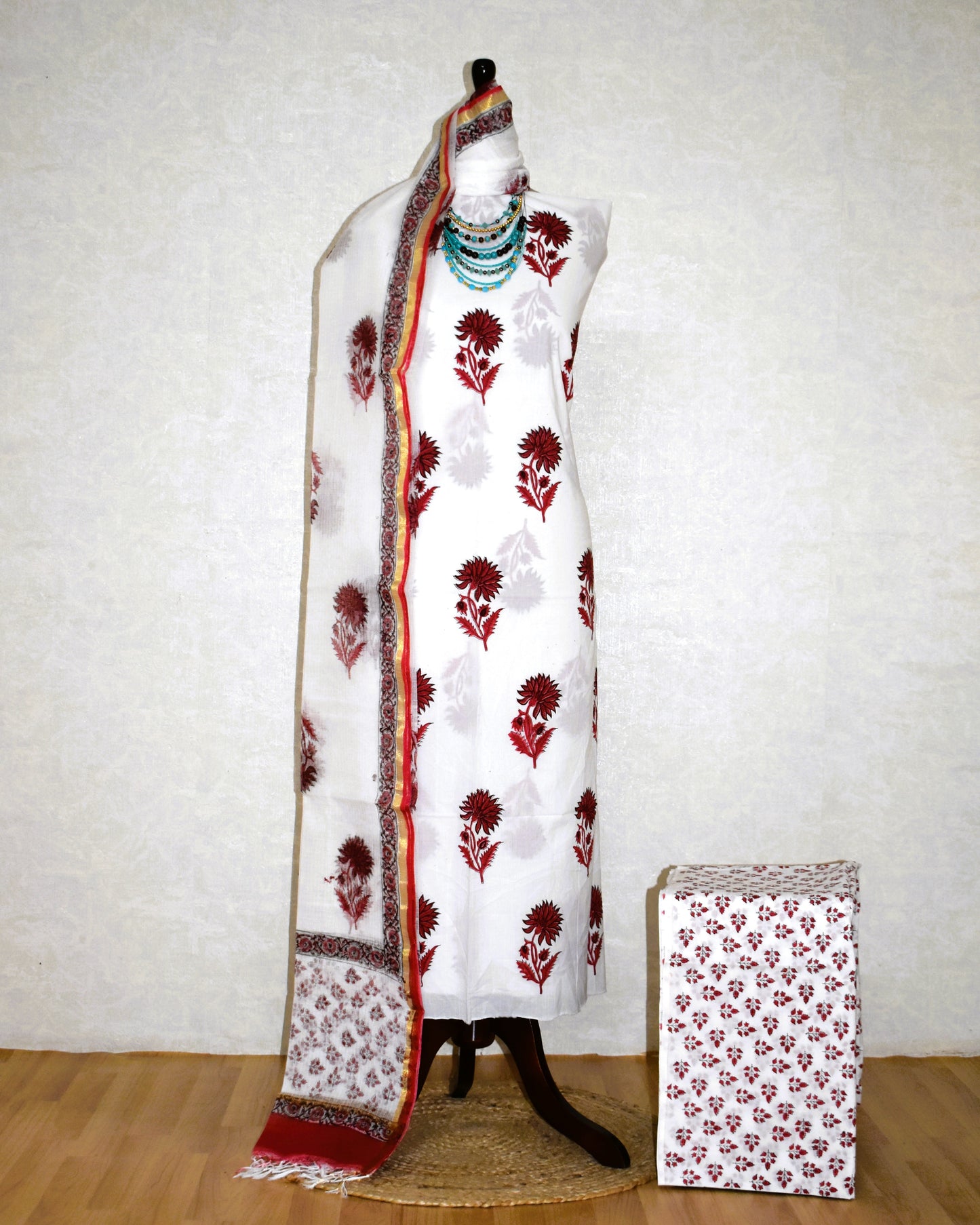 Hand Block Printed Premium Cotton Unstitched Suit with Red Floral Buta & Kota Doria Dupatta- Designer Edit