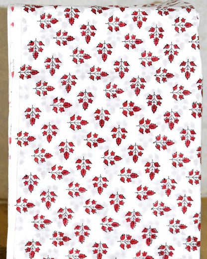 Hand Block Printed Premium Cotton Unstitched Suit with Red Floral Buta & Kota Doria Dupatta- Designer Edit