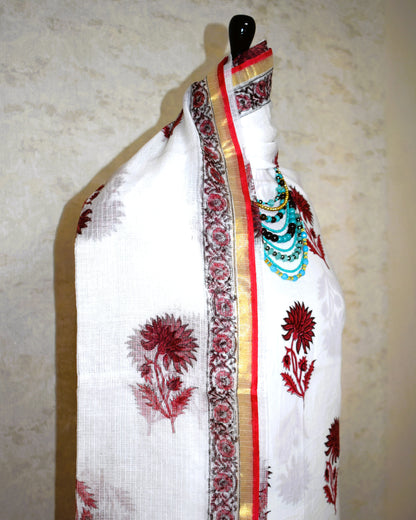 Hand Block Printed Premium Cotton Unstitched Suit with Red Floral Buta & Kota Doria Dupatta- Designer Edit
