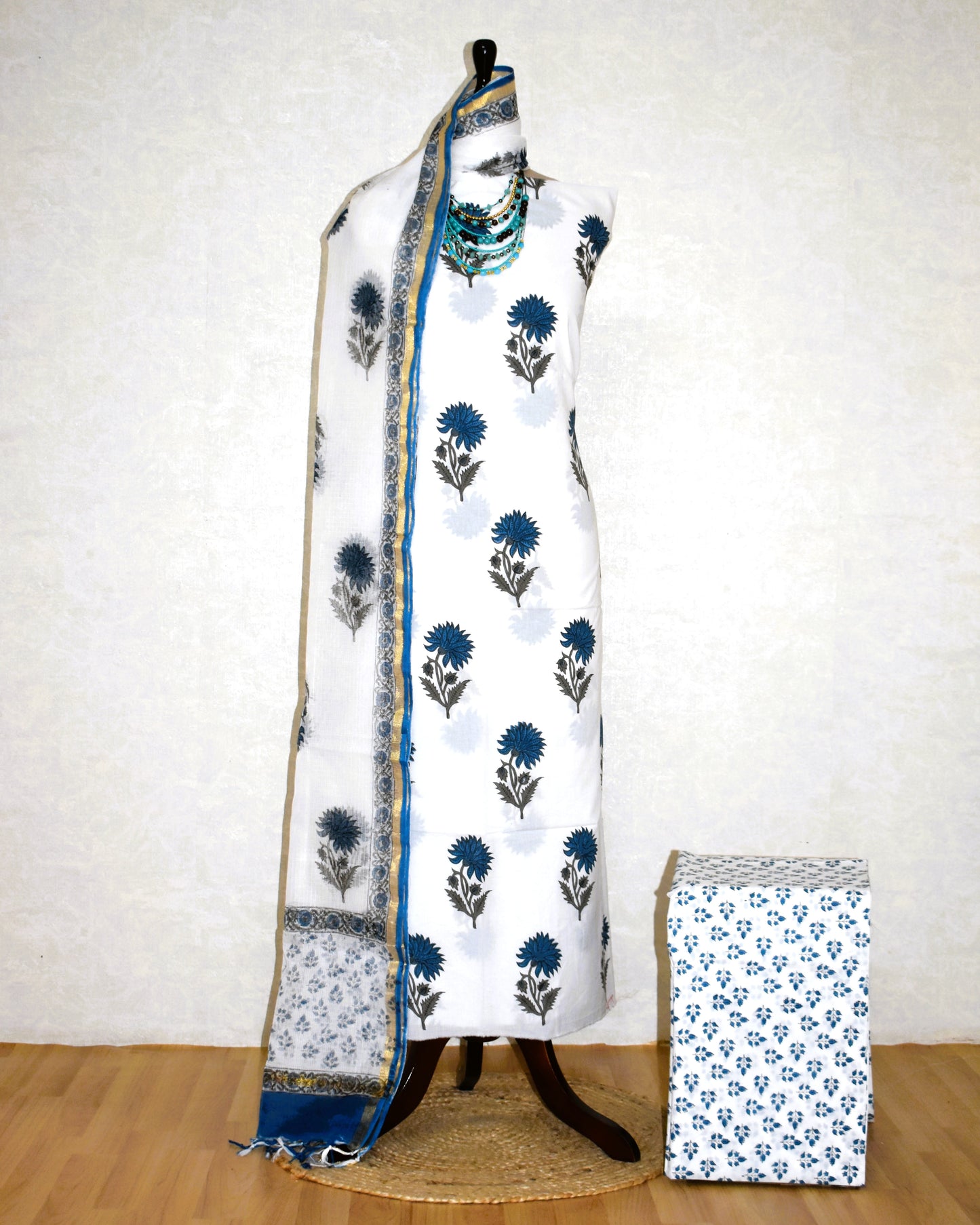Hand Block Printed Premium Cotton Unstitched Suit with Blue Floral Buta & Kota Doria Dupatta- Designer Edit