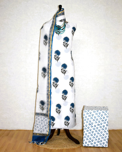 Hand Block Printed Premium Cotton Unstitched Suit with Blue Floral Buta & Kota Doria Dupatta- Designer Edit