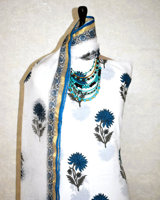 Hand Block Printed Premium Cotton Unstitched Suit with Blue Floral Buta & Kota Doria Dupatta- Designer Edit