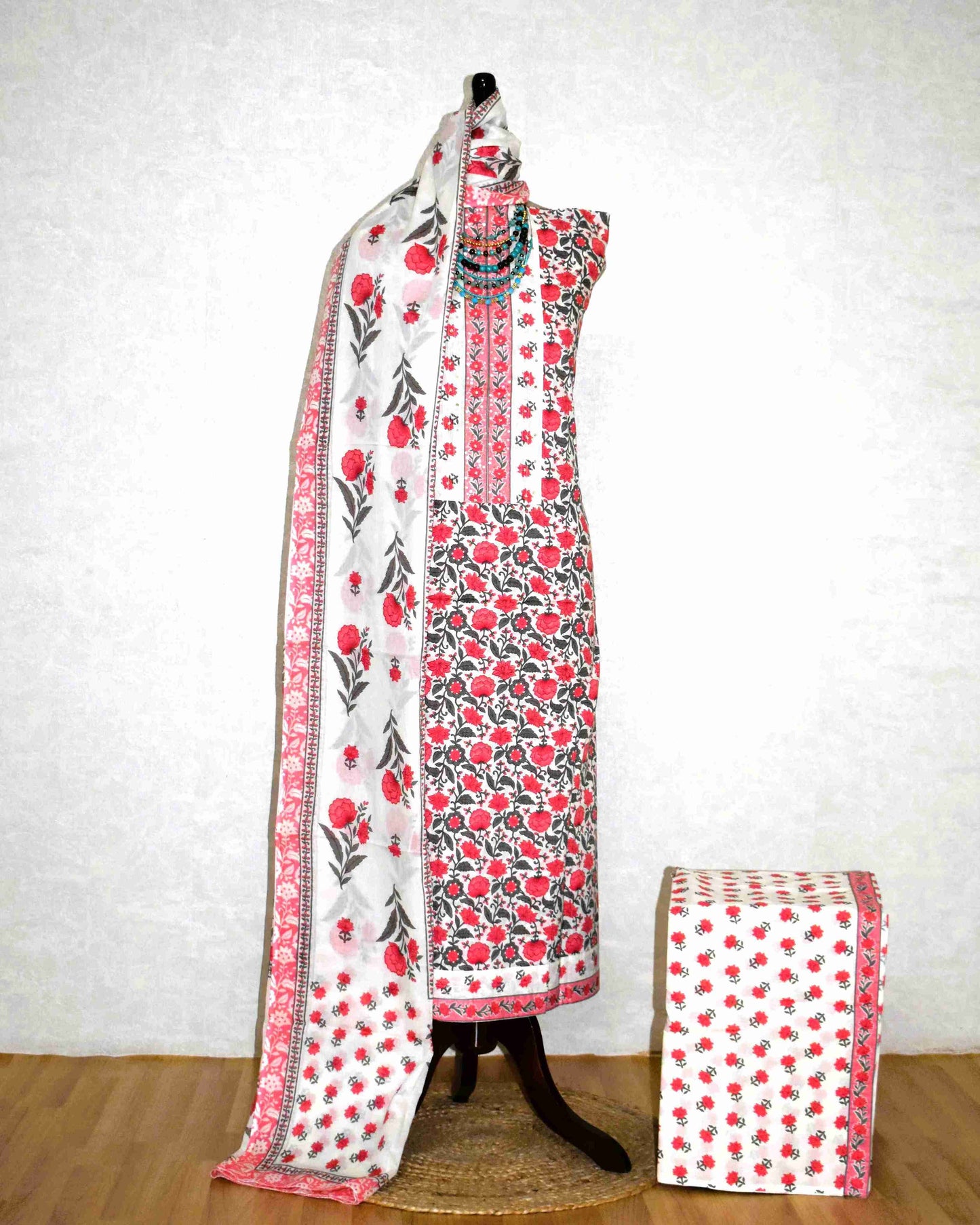 Pink All-over Floral Hand Block Printed Cotton Suit with Neck Work and Malmal Dupatta