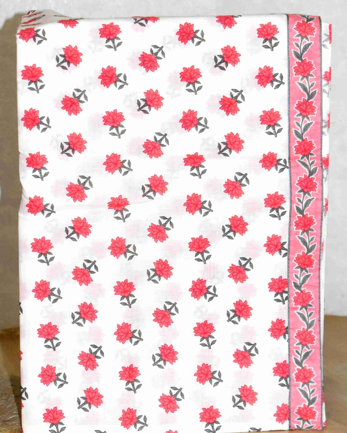 Pink All-over Floral Hand Block Printed Cotton Suit with Neck Work and Malmal Dupatta