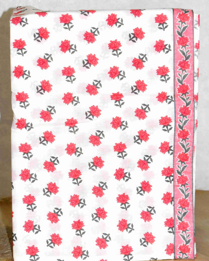 Pink All-over Floral Hand Block Printed Cotton Suit with Neck Work and Malmal Dupatta