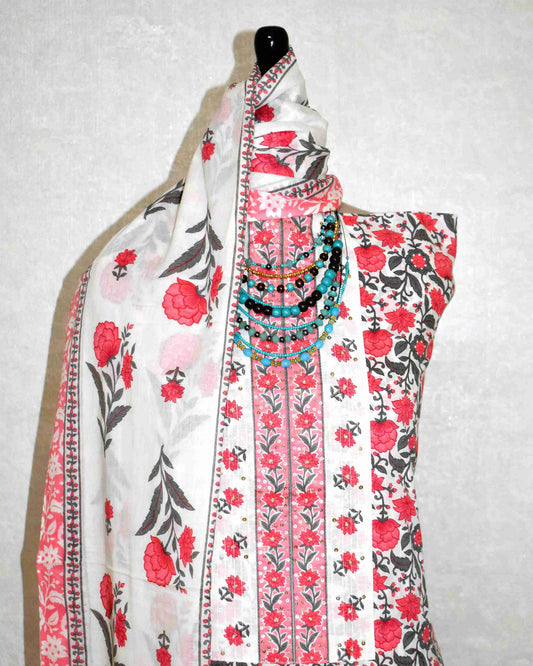 Pink All-over Floral Hand Block Printed Cotton Suit with Neck Work and Malmal Dupatta