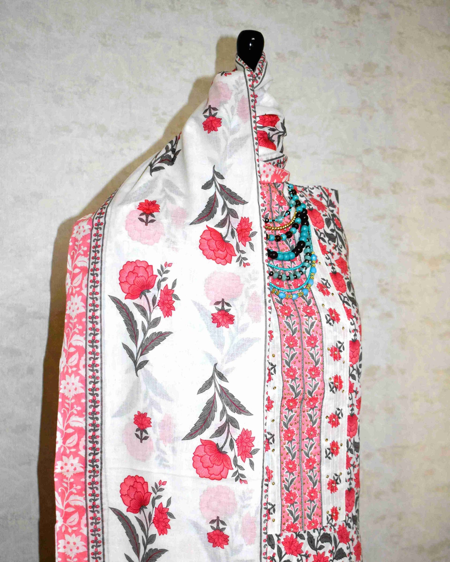 Pink All-over Floral Hand Block Printed Cotton Suit with Neck Work and Malmal Dupatta