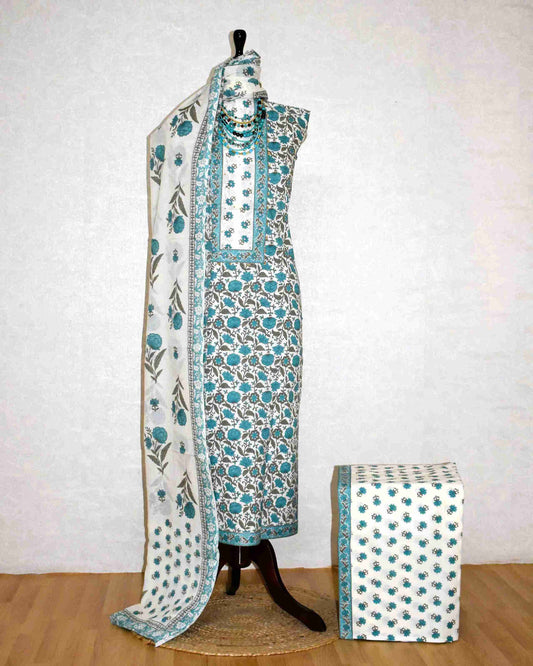 Teal Blue All-over Floral Hand Block Printed Cotton Suit with Neck Work and Malmal Dupatta