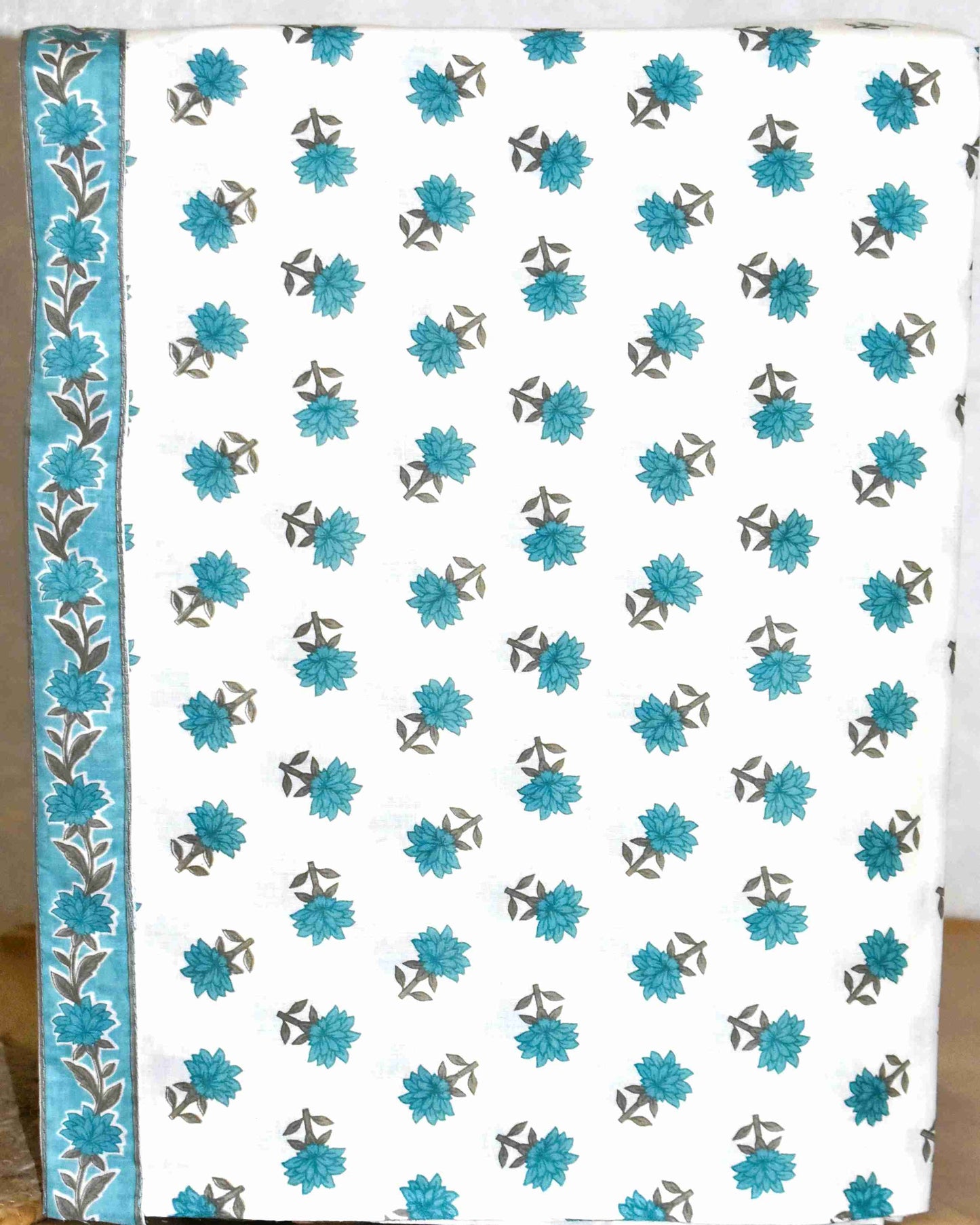 Teal Blue All-over Floral Hand Block Printed Cotton Suit with Neck Work and Malmal Dupatta