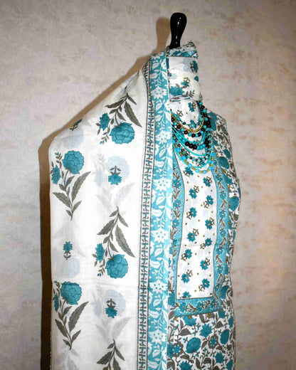 Teal Blue All-over Floral Hand Block Printed Cotton Suit with Neck Work and Malmal Dupatta
